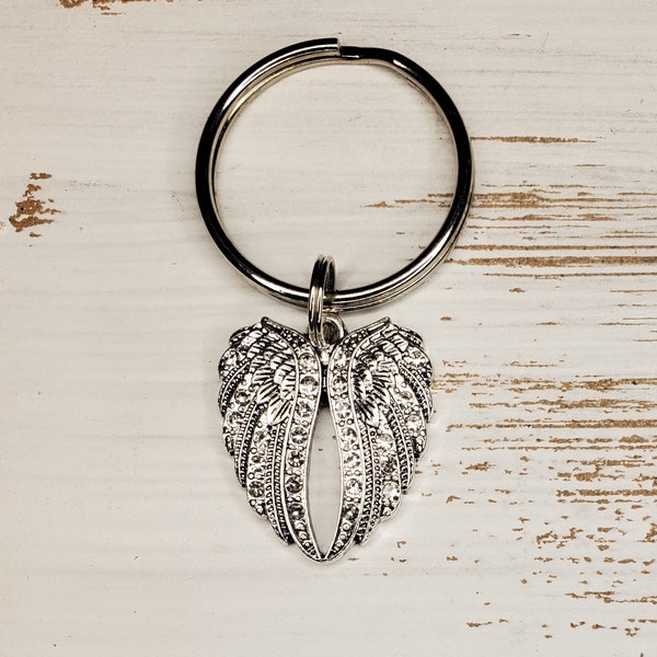 Crystal angel wings keychain, rhinestone wings keychain, religious keychain, faith keychain, remembrance keychain, memorial keychain, loved
