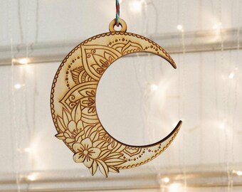 Moon ornament, moon christmas, celestial christmas, celestial ornament, crescent moon, hippie moon ornament, boho moon ornament, flower moon
