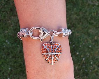 basketball bracelet, crystal basketball heart bracelet, basketball mom bracelet, basketball gift, basketball team gift, sports jewelry rhine