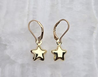 Gold star earrings, foil star earrings, puffy star earrings, lever back earrings, sky earrings, dainty earrings, simple earrings, star gift