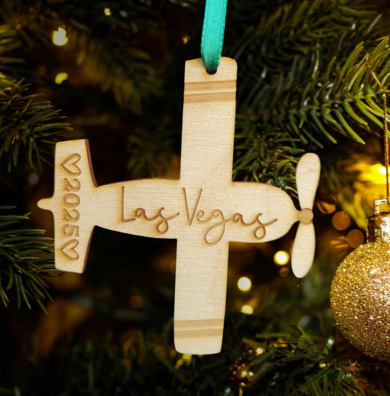 Wood Las Vegas Ornament, Newlywed Airplane, Christmas Ornament