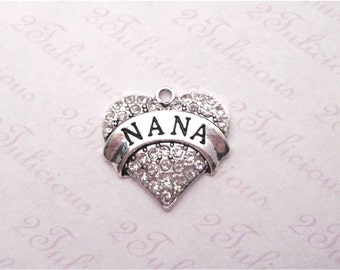 NANA, Heart, Crystal, PENDANT, GRANDMA, Grandmother, Family, Charm, antique silver, jewelry