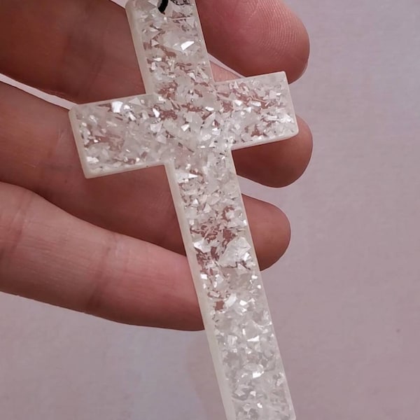 Glitter Cross, rearview mirror charm, cross charm, cross car charm, faith charm, faith cross, white car accessory cross, white cross, glitte