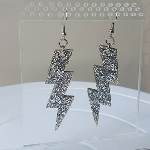big lightning bolt earrings, lightning earrings, statement earrings, lightning earrings, christmas earrings, glitter silver earrings, sports
