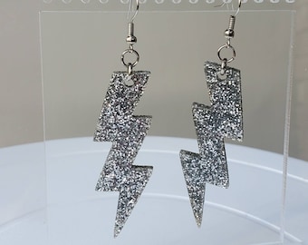 big lightning bolt earrings, lightning earrings, statement earrings, lightning earrings, christmas earrings, glitter silver earrings, sports