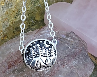 camping necklace, silver camping jewelry, camper necklace, camper gift, hiker necklace, hiker gift, camping tent, campfire, camp moon trees
