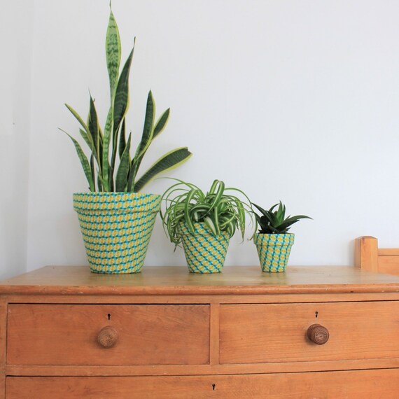 Green And Yellow Patterned Fabric Covered Plant Pot Small Etsy