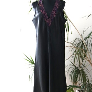 camicia da notte vintage, ricamo, camicia da notte nera, taglia UK 12/14, US 6/8, EU 40/42