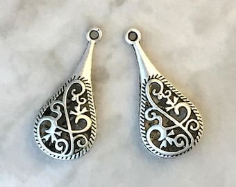 30mm Antique Silver Filigree Teardrop Pendant, Hollow Earring Pendants or Charms (6 or 12)