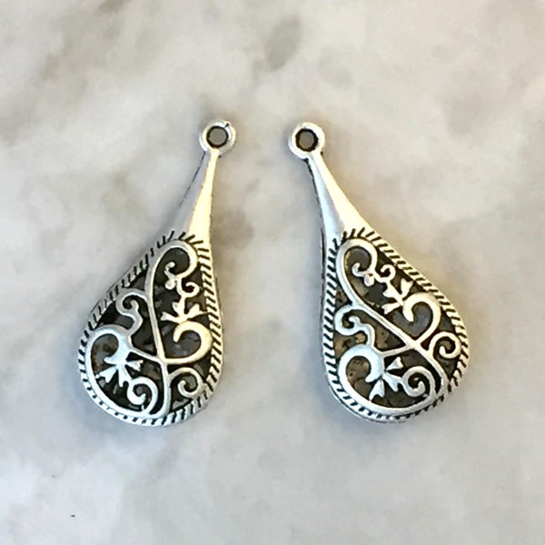 6 pcs - Antique Silver Hollow Filigree Teardrop Pendant - Filigree Drop Pendant - Teardrop Earring Charm - Filigree Drop Charm