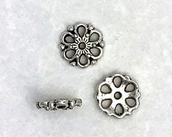 9mm Antique Silver Floral Bead Cap, Zinc Alloy Metal, 50 or 100 Bead Caps