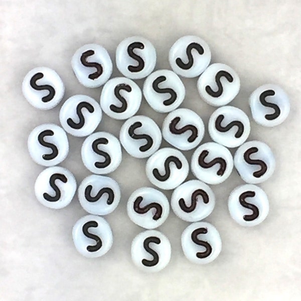 Alphabet Bead - Letter S - White/Black - Porcelain Beads - Czech Glass Bead - for Personalized Jewelry - Custom Name Bracelets or Necklaces