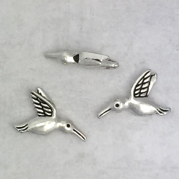 12 pcs • 11mm x 17mm Antique Silver Hummingbird Beads • Bird Spacer Bead • Pewter Hummingbird Spacer Bead • Silver Plated Oxidized