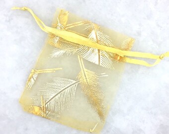 12 - 2.5" x 3" Organza Gift Bags - Golden Feather Organza Pouch - Drawstring Closure - Jewelry Storage - Gift Pouches