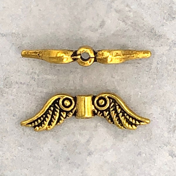 12 pcs - Angel Wing Gold Pewter Bead (6.5x23mm) - Antique Gold Finish - Lead Free Pewter - Reversible - Finely Etched Angel Wings