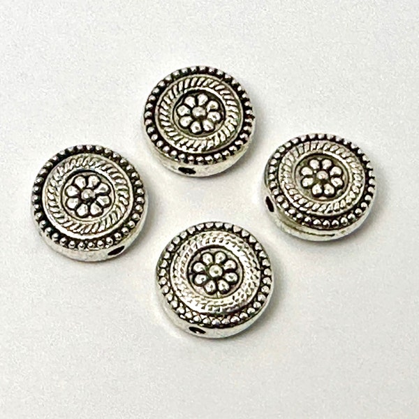 10 pcs • 11 x 4.5mm Flower Design Coin Bead • 1.5mm Hole • Pewter Disk Bead • Double Sided Coin Beads • Flat Round Floral Design Beads