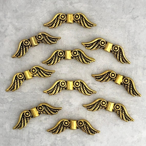 12 Pcs Angel Wing Gold Pewter Bead 6.5x23mm Antique Gold Finish Lead Free  Pewter Reversible Finely Etched Angel Wings 