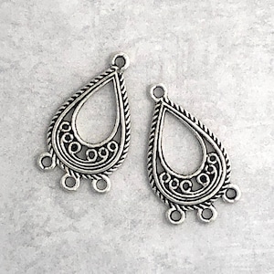 10 pcs - Chandelier Filigree Drop Connector - 27x15mm Antique Silver 3 Ring Drop Connector - Earring Charm with 3 loops