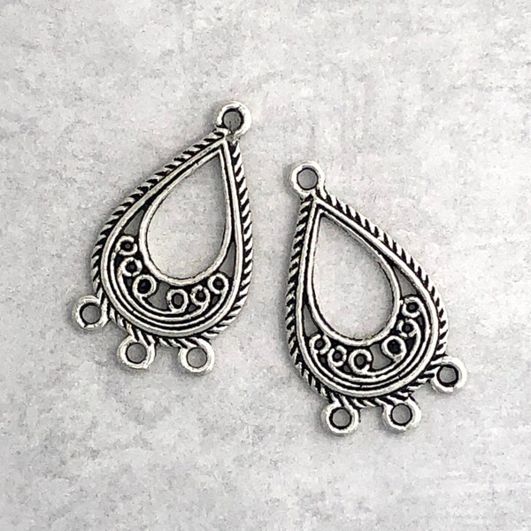 10 pcs - Chandelier Filigree Drop Connector - 27x15mm Antique Silver 3 Ring Drop Connector - Earring Charm with 3 loops