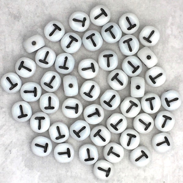 Letter T Alphabet Bead - White/Black - Porcelain Beads - Czech Glass Bead - for Personalized Jewelry - Custom Name Bracelets or Necklaces