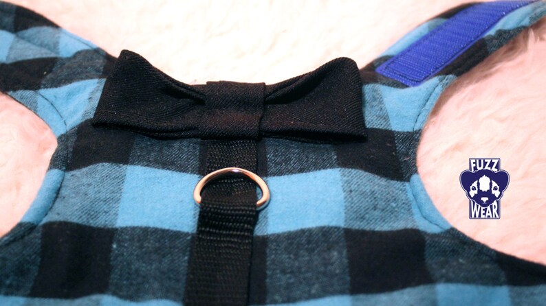 Dog Cat Harness Small Bowtie Blue Plaid Costume MADE TO ORDER