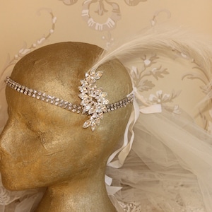Art Deco style wedding tiara, 1920s style feather diamante headband, Great Gatsby theme tiara, hand made vintage pieces brides headband