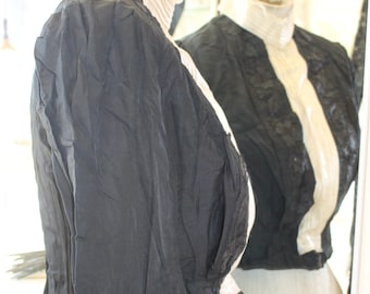Victorian 1870s or 80s ladies black satin bodice, ivory pleated satin front & collar, antique Victorian Gothic ladies costume jacket top.