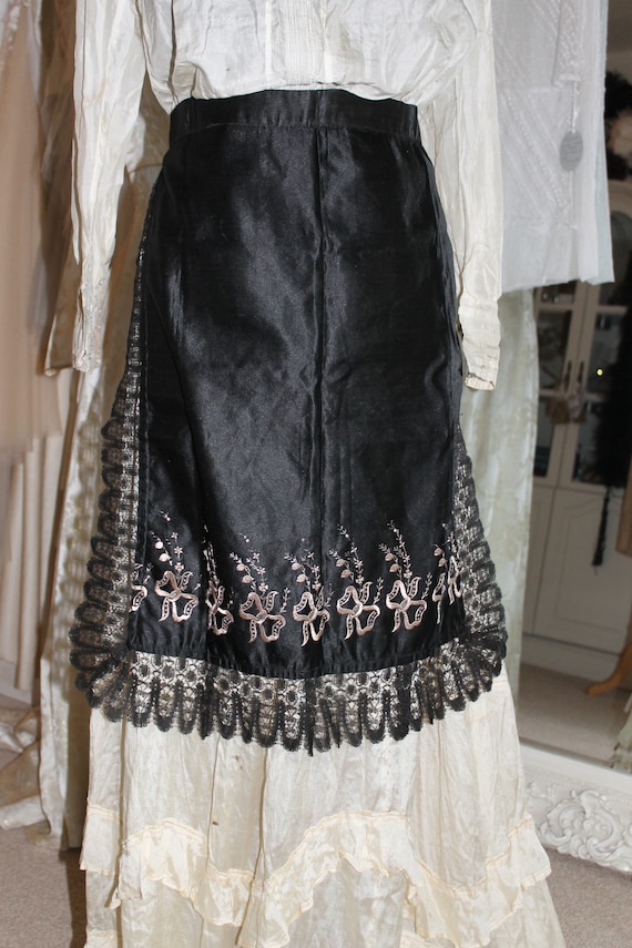 Victorian Black and gold embroidered satin apron w