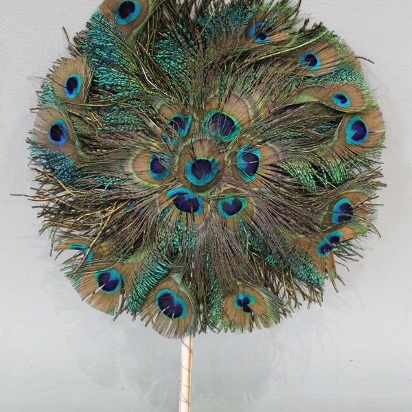 Edwardian 1900s round green and turquoise peacock feather ladies face screen or hand held fan, antique circular turquoise green feather fan,