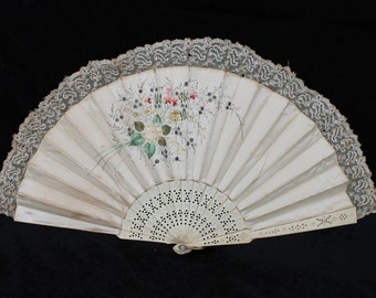 Victorian cream silk and lace folding hand fan, 1860-1890 painted & embroidered hand fan, antique carved and pierced bovine bone fan,