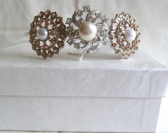 Tiara nupcial con broche vintage, plata, diamantes color melocotón y perla