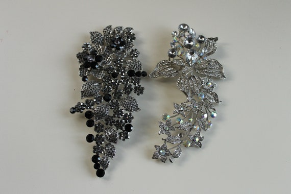 Vintage Diamante Brooches Large Silver Black Long Sparkly
