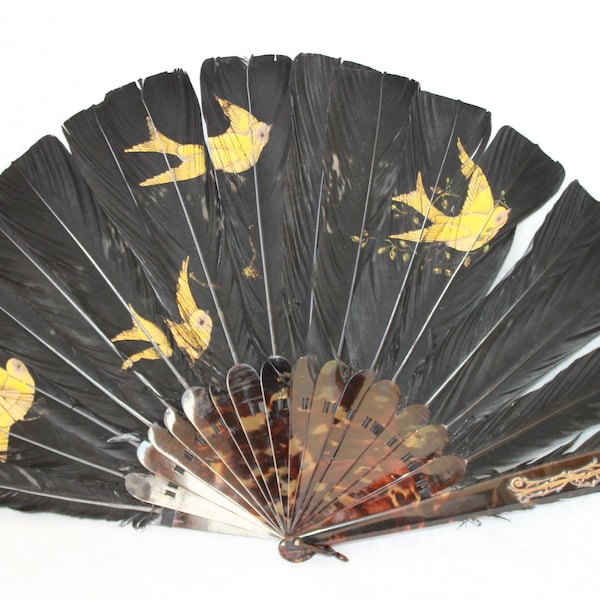 Antique black feather fan, gold bird painted Victorian hand fan, tortoiseshell monogrammed folding fan, Edwardian Oriental style feather fan