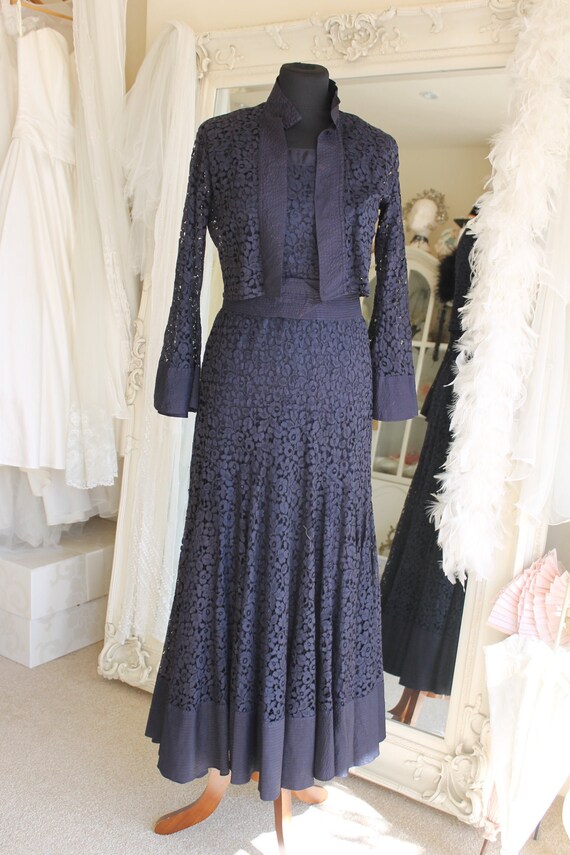 1930's navy blue lace dress with matching jacket,