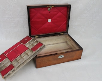 Antique sewing work box, mahogany mid Victorian needlework chest, ladies embroidery case, wood and red silk lined box, fitted sewing box