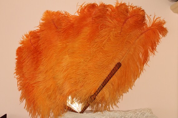 Art Deco feather fan, large orange feather fan, a… - image 2