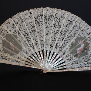 Antique Victorian cream silk and Brussels lace folding hand fan,  pink cream mother of pearl folding fan, 1890s painted & lace hand fan,