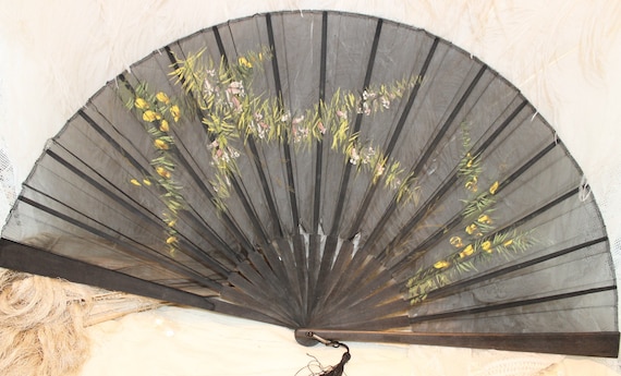 Victorian black fan, wood & painted gauze folding… - image 2