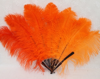 1920's  bright orange Ostrich feather fan, Art Deco debutante style large burlesque feather fan, tortoise shell Ostrich plume wide fan