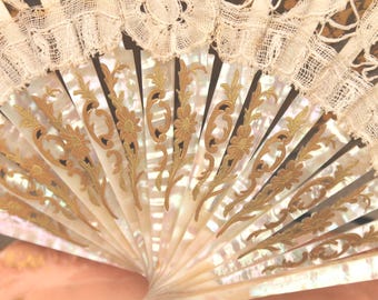 Victorian Lace Hand Fan, Gilded Pink Mother of Pearl, Antique Folding Fan