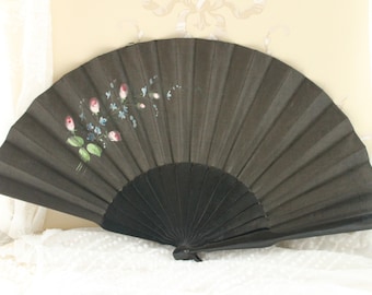 Victorian black fabric hand held folding fan with pink and blue flowers, antique ladies black fan, Victorian gothic costume hand fan.