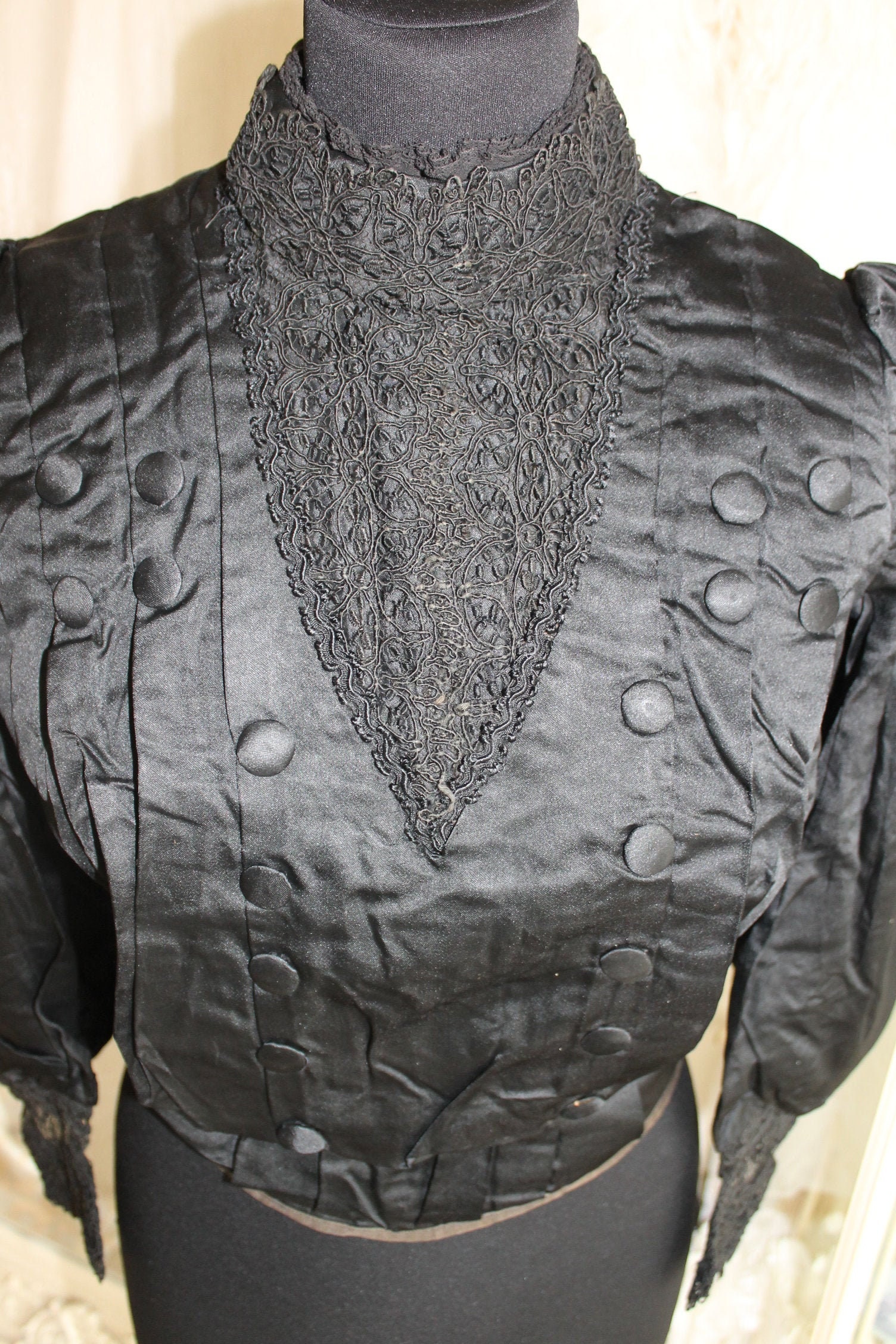 Edwardian fitted black satin blouse with lace and buttons | Etsy