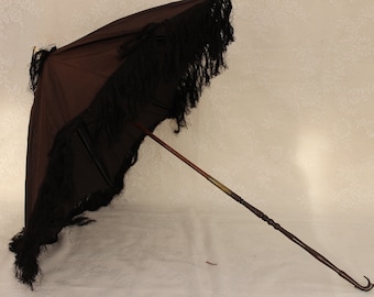 Victorian black silk parasol, ladies antique umbrella, small carriage parasol, 1850s fringed parasol, taffeta folding umbrella