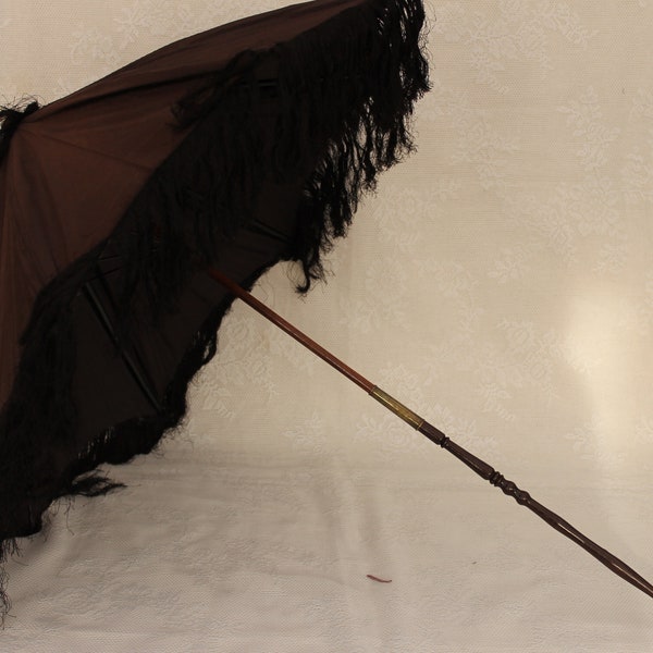 Victorian black silk parasol, ladies antique umbrella, small carriage parasol, 1850s fringed parasol, taffeta folding umbrella