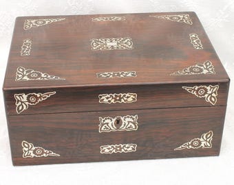 Antique Mother of Pearl Inlaid Sewing Box, Victorian Red Lined Needlework Storage