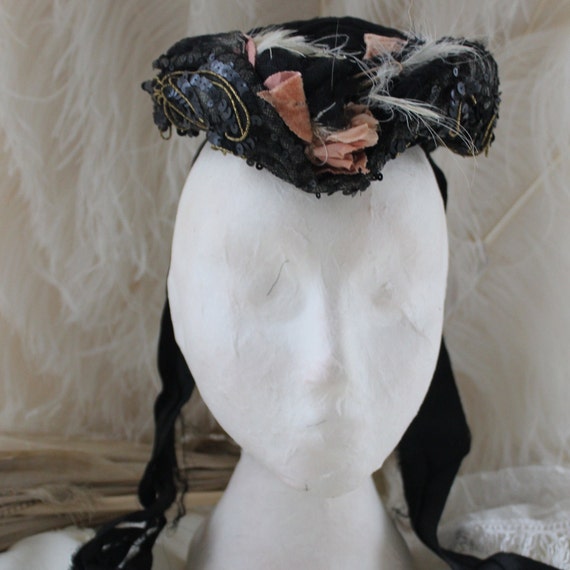 Antique black silk bonnet, Victorian mourning hat… - image 3