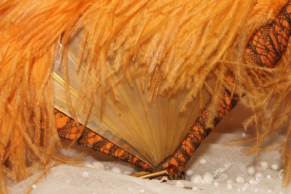 Art Deco feather fan, large orange feather fan, a… - image 6