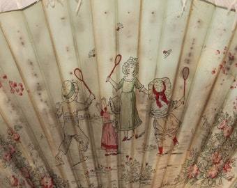 Éventail victorien en bois et tissu peint, ventilateur pliant antique, ventilateur à main pour dames des années 1800, théâtre de collectionneurs ou costume de film