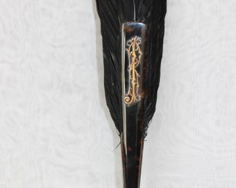 Antique black feather fan for spares or repair, tortoiseshell and small fluffy black feathers, ribbon needs replacing, Art Nouveau or later