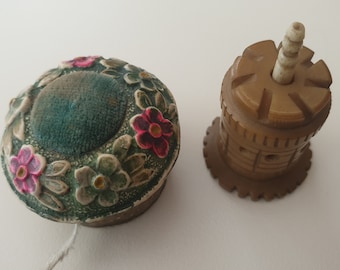 Victorian tape measures, antique metal basket/pin cushion and a vegetable ivory winding tape case only, vintage spares or repair sewing tool